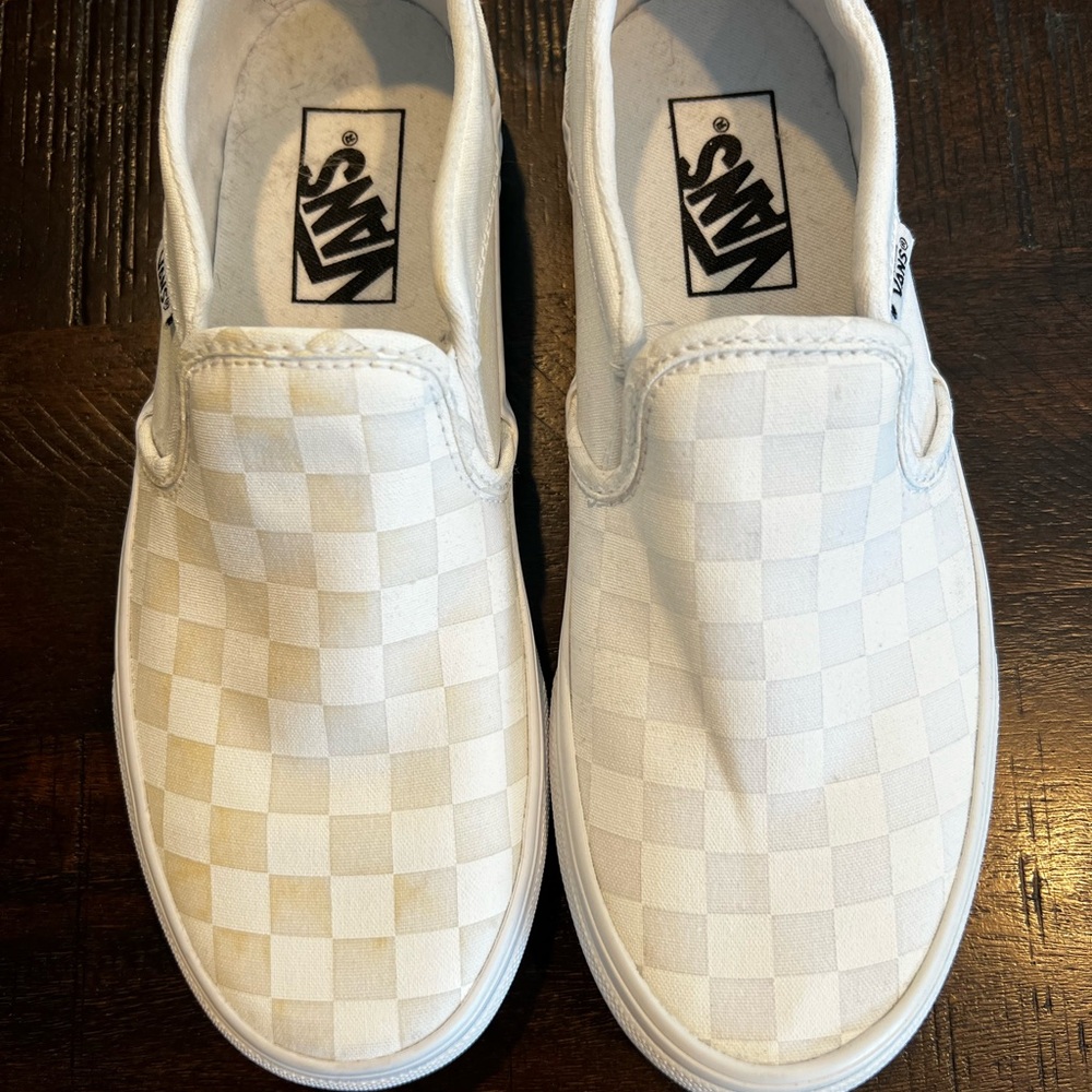 Vans White Checkered Slip-Ons